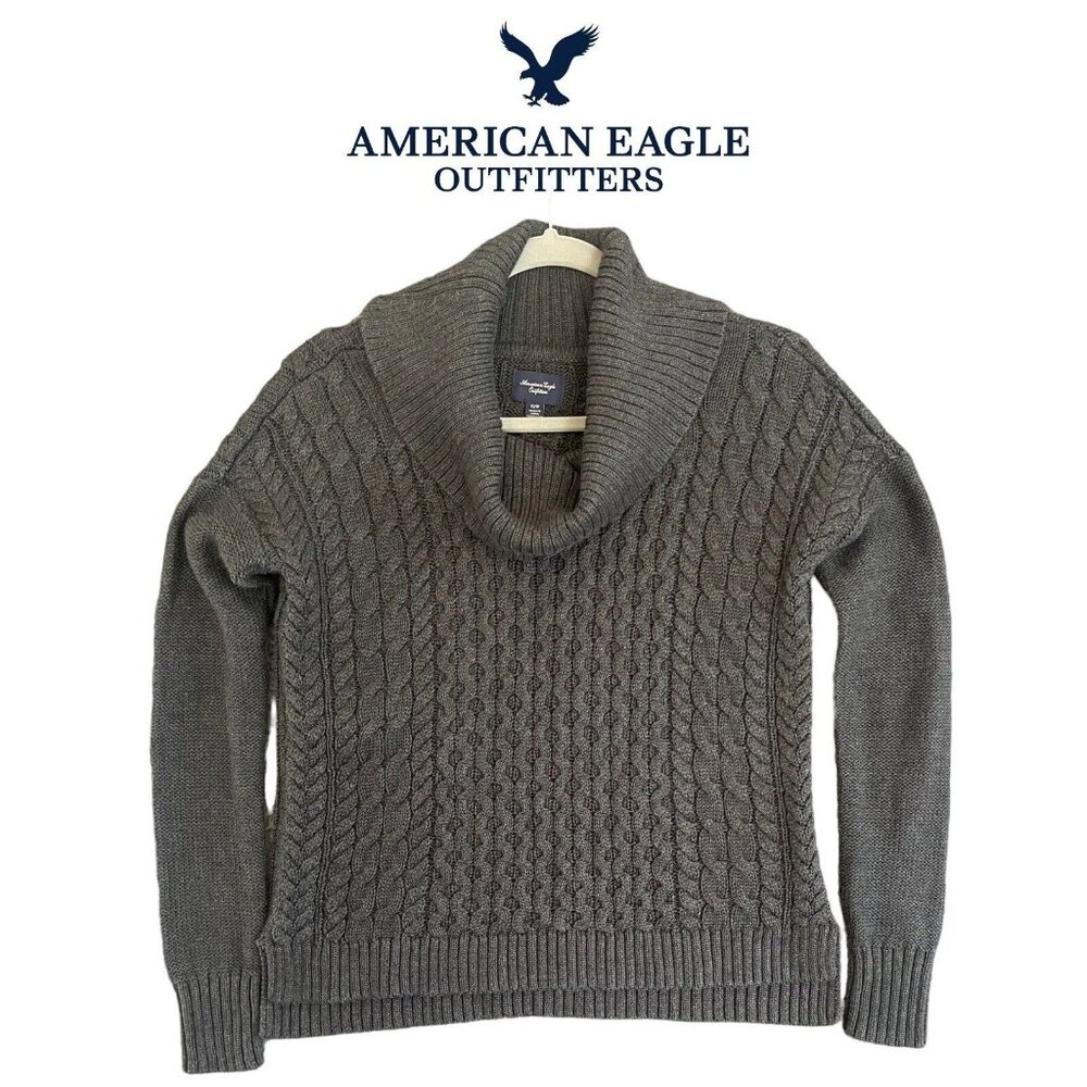 American Eagle Outfitters Womens XS Cable Knit Cropped Charcoal Gray Cowl Neck